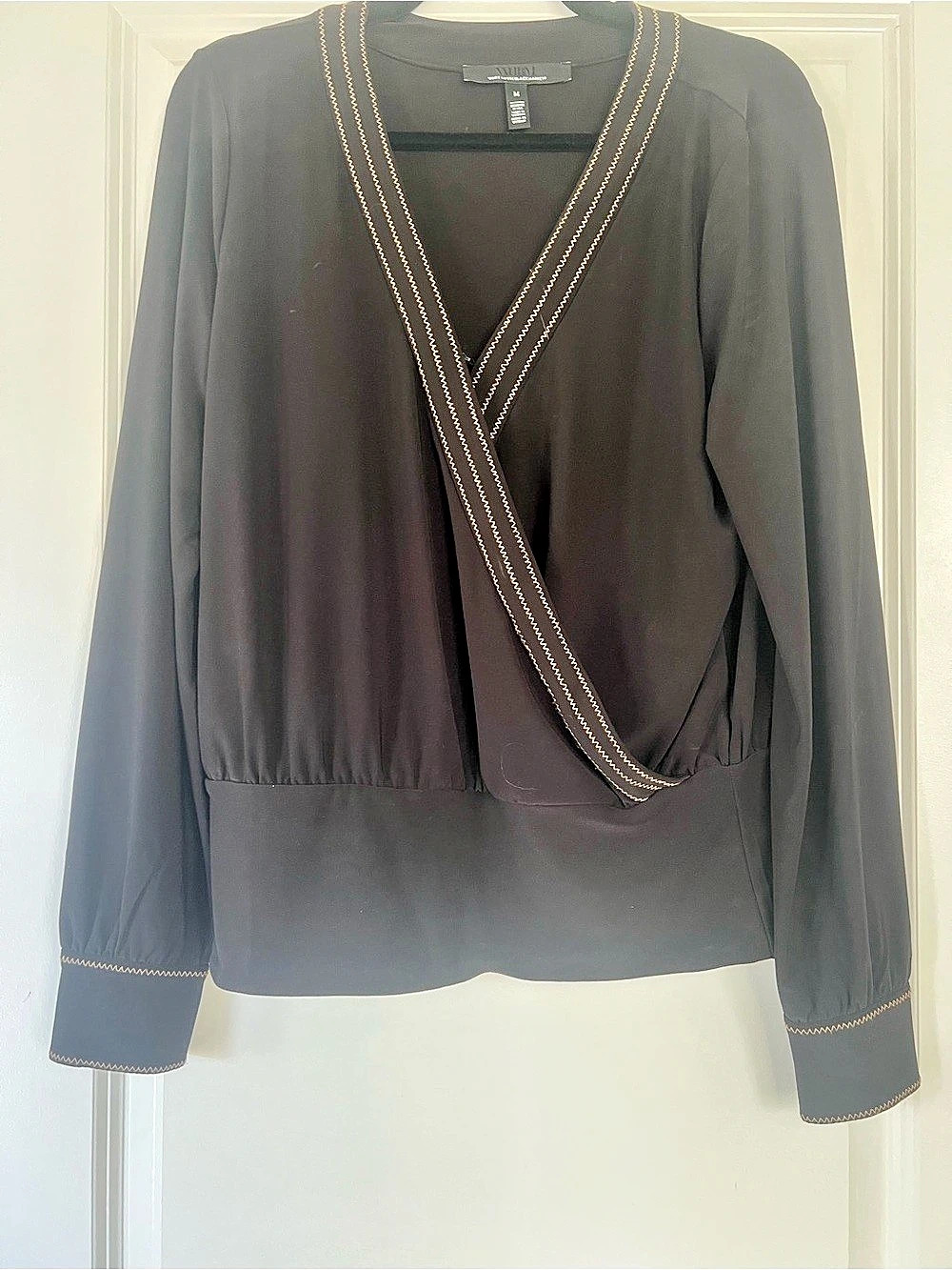 White House Black Market Metallic Stitch Long Sleeve Faux Wrap Top